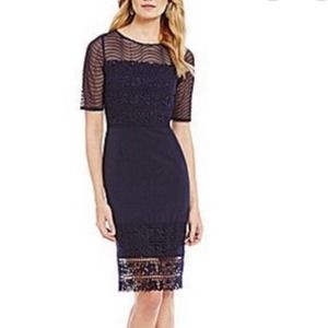 Katherine Kelly Navy Lace Inset Short Sleeve Midi Sheath Dress in size 10.